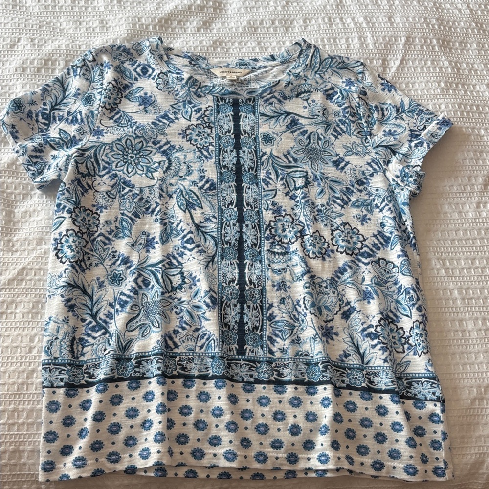 Lucky Brand Blue Floral Short Sleeve Tee Medium NWT